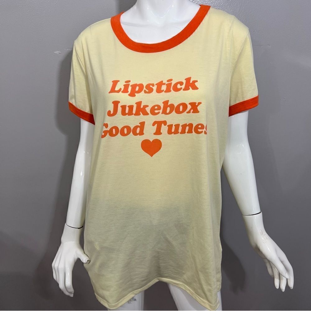 Lularoe "Lipstick, Juke Box, Good Tunes" Cream/Orange T-shirt -- L - Picture 10 of 13